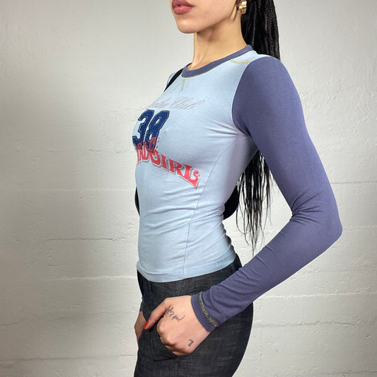 Vintage 2000's Phard Girl Blue Top with Contrast Longsleeves with Patched "38" Detail (S)