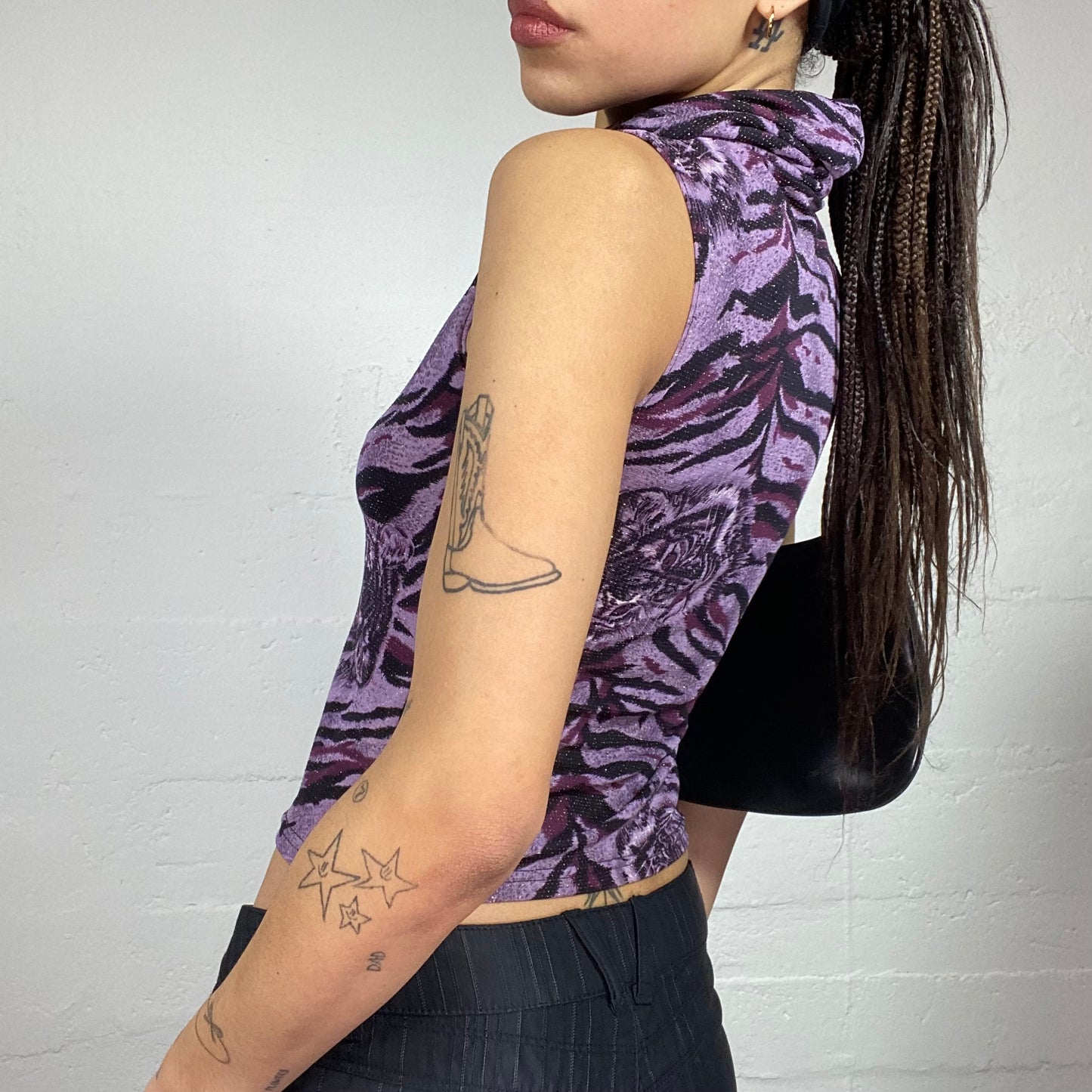 Vintage 90's Janice Purple Glitter Highneck Top with Tiger Print (S)