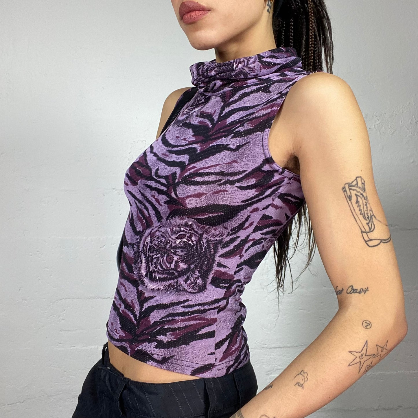 Vintage 90's Janice Purple Glitter Highneck Top with Tiger Print (S)