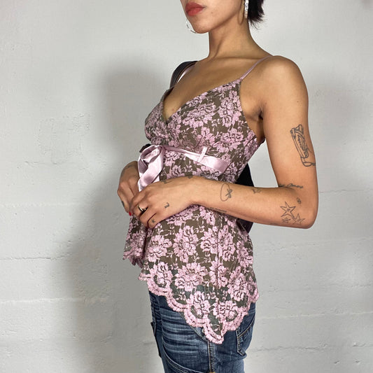 Vintage 2000's Coquette Pastel Pink Lace Top with Ribbon to tie (S)