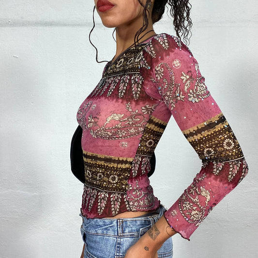 Vintage 90's Boho Brown Mesh Longsleeve Top with Paisley Print (S)