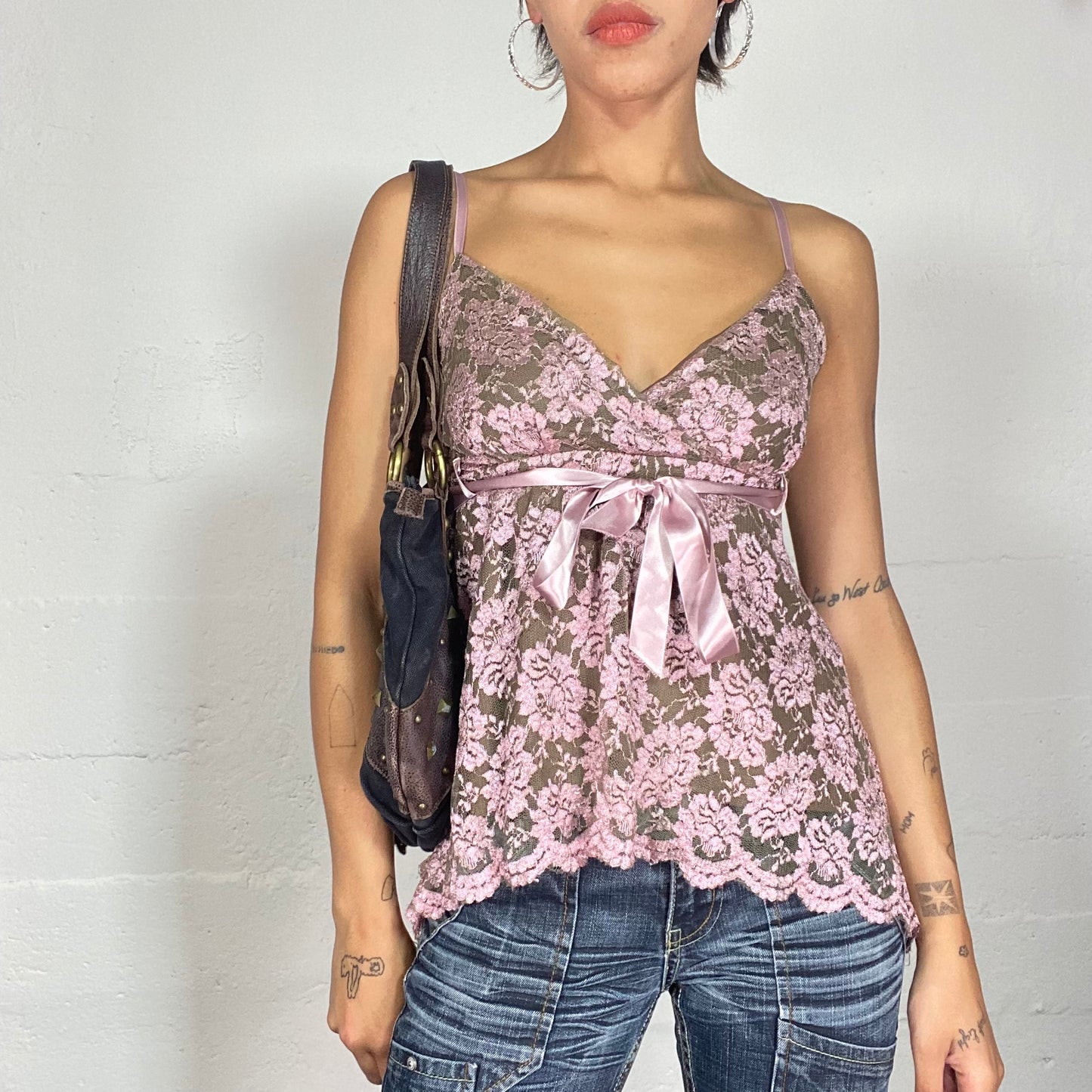 Vintage 2000's Coquette Pastel Pink Lace Top with Ribbon to tie (S)