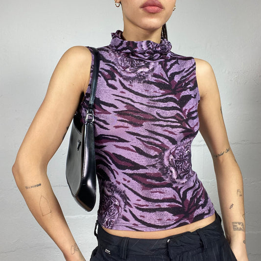 Vintage 90's Janice Purple Glitter Highneck Top with Tiger Print (S)