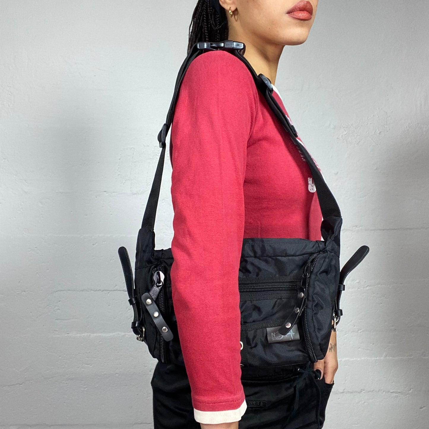 Vintage 2000's Rave Black Nylon Shoulder Bag with Studs Detail