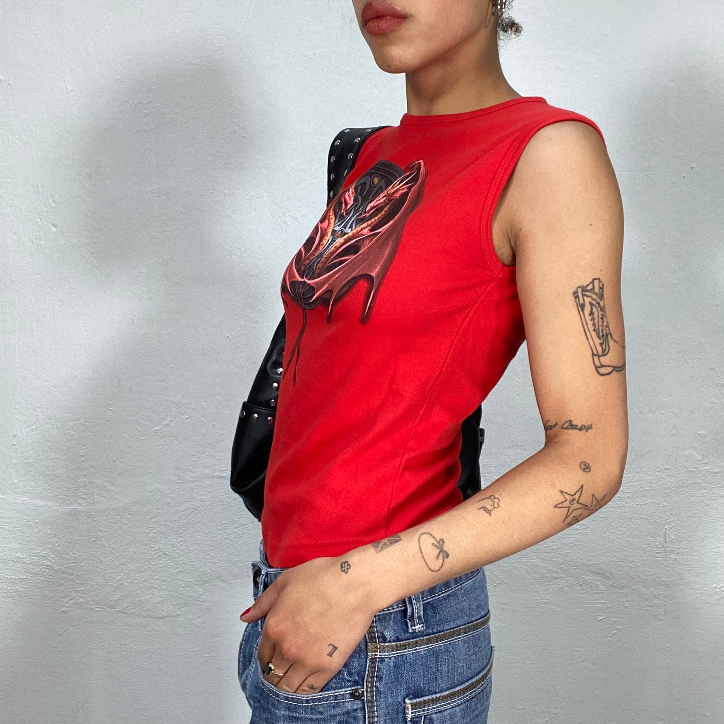 Vintage 2000's Punky Red High Neck Tank Top with Tribal and Dragon Print (S/M)