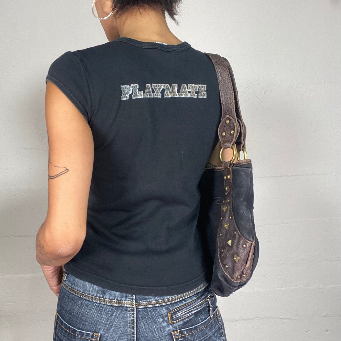 Vintage 2000's Playboy Downtown Girl Black Top with Brand Logo Print  with Fake Strass (XS)