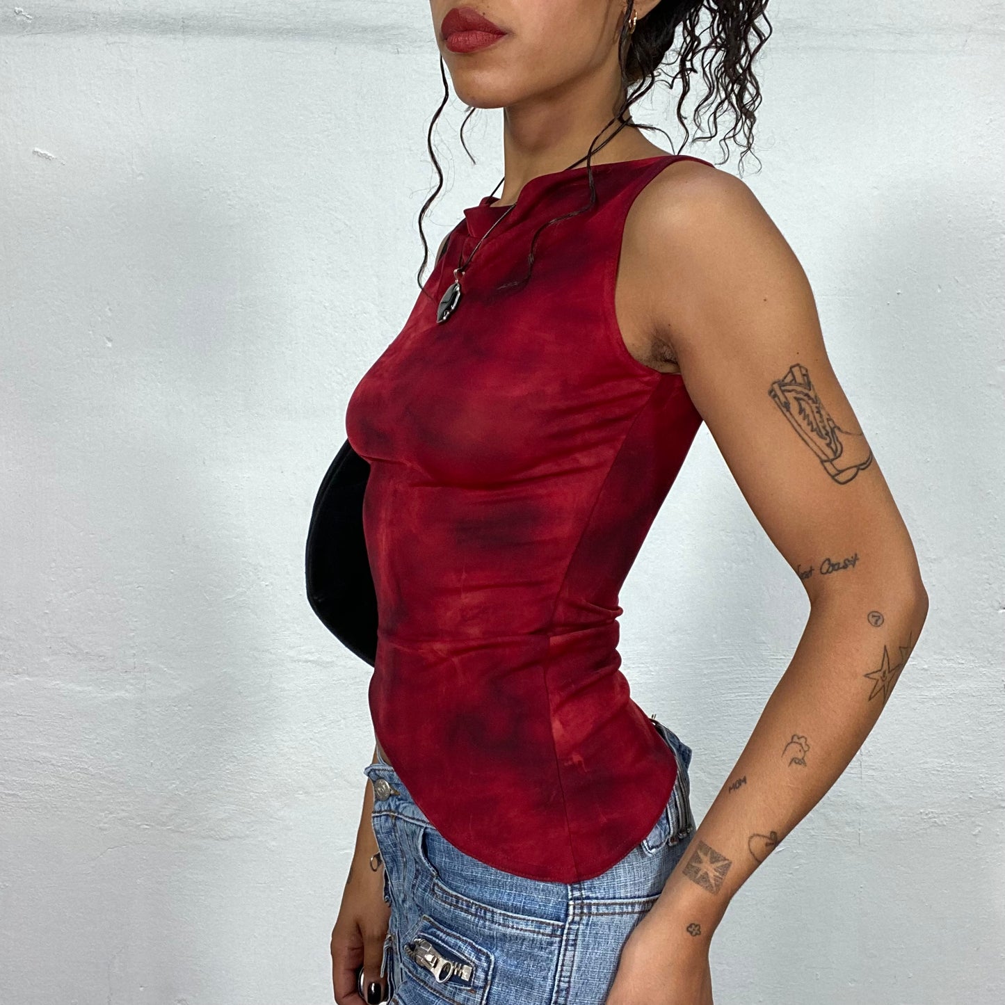 Vintage 90's Whimsigoth Red Asymmetric Top with Tie Dye Effect (S)