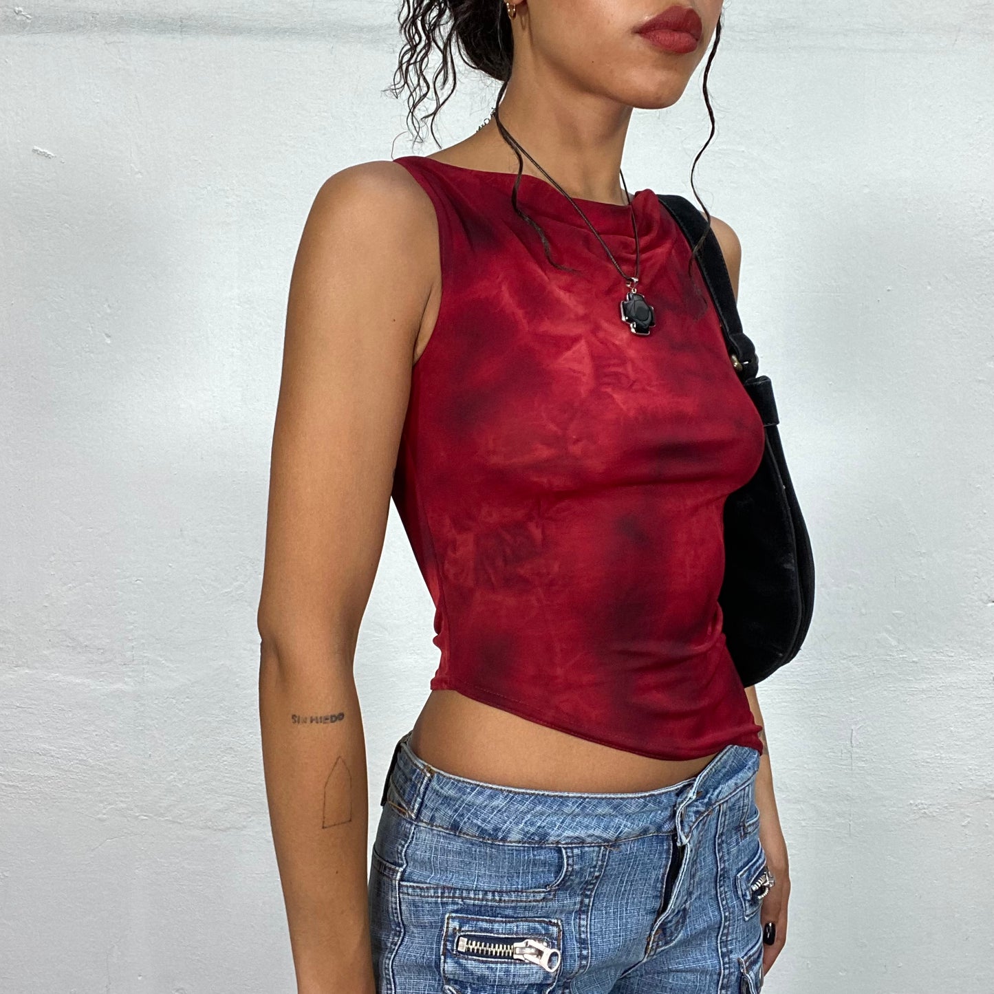 Vintage 90's Whimsigoth Red Asymmetric Top with Tie Dye Effect (S)