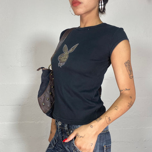 Vintage 2000's Playboy Downtown Girl Black Top with Brand Logo Print  with Fake Strass (XS)