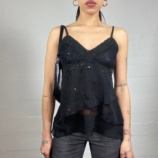 Vintage 2000's Festive Black Blouse Top with Sequins Covering Detail (S)