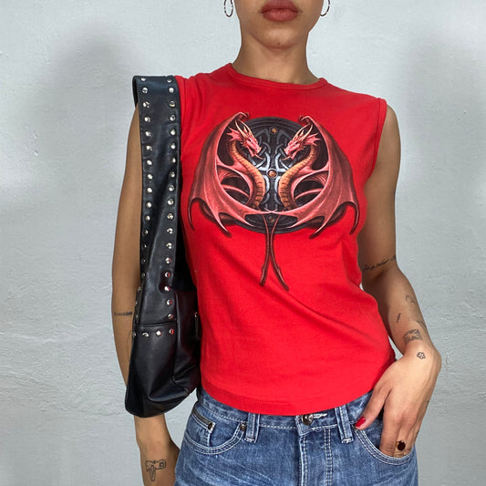 Vintage 2000's Punky Red High Neck Tank Top with Tribal and Dragon Print (S/M)