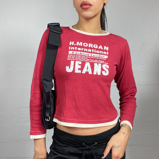 Vintage 2000's College Girl red Longsleeve Top with White Typography Print (S)