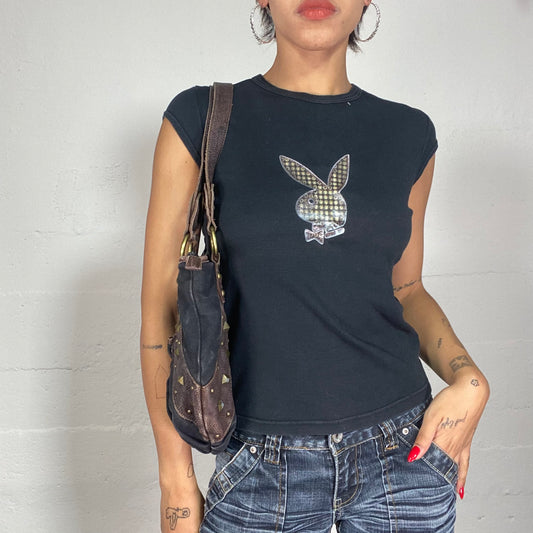 Vintage 2000's Playboy Downtown Girl Black Top with Brand Logo Print with Fake Strass (XS)