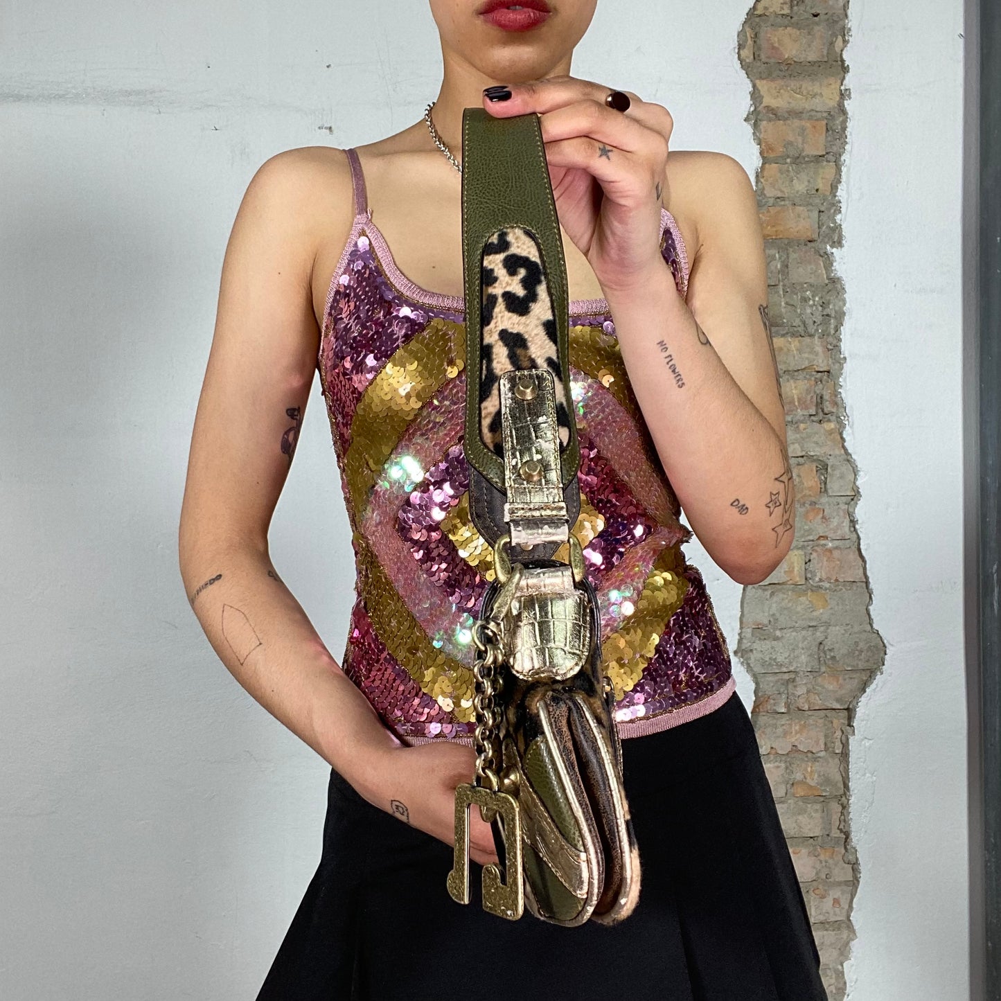 Vintage 2000's Guess Leo Print Shoulder Bag with Khaki and Gold Details