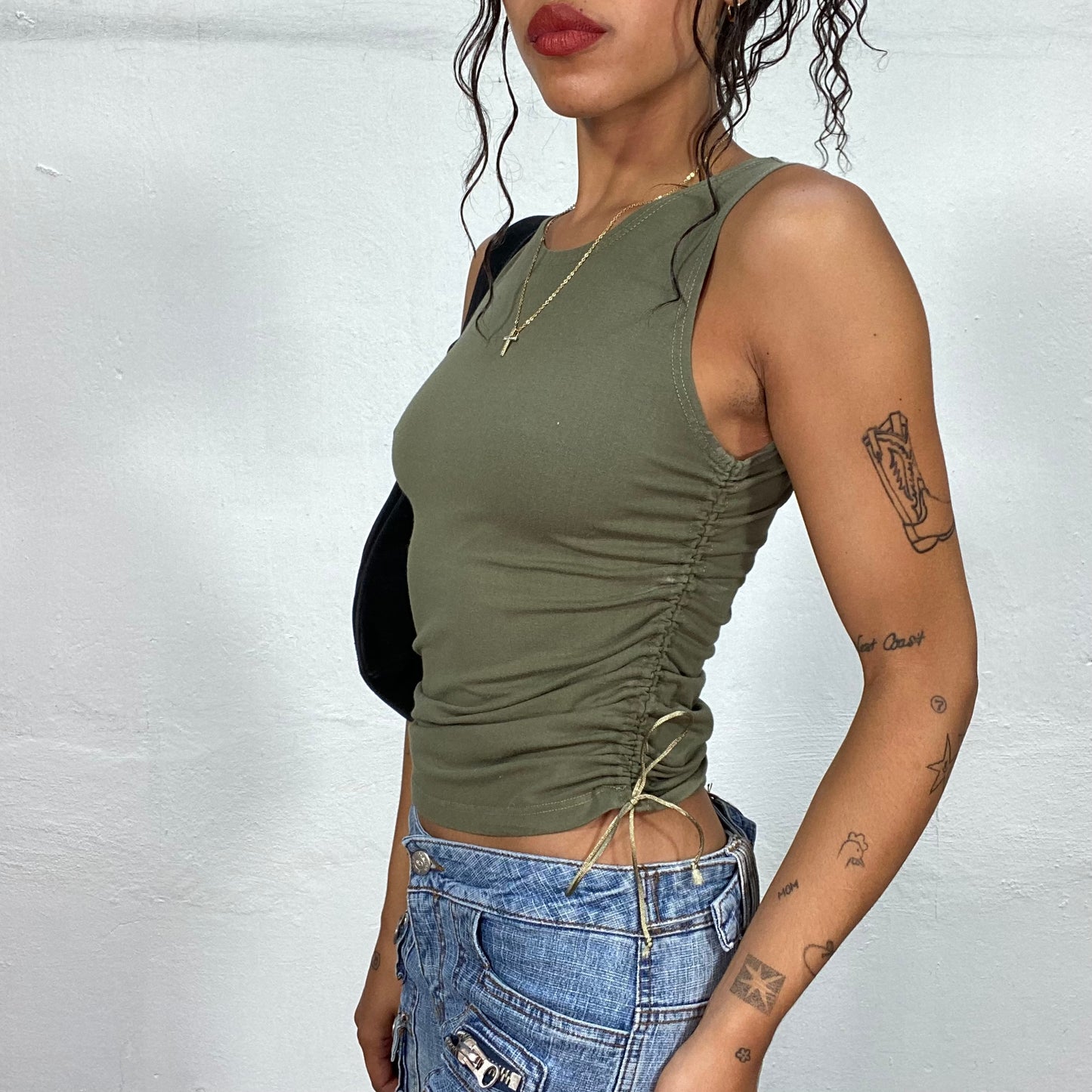 Vintage 2000's Downtown Girl Khaki Tank Top with Strap Detail (S)