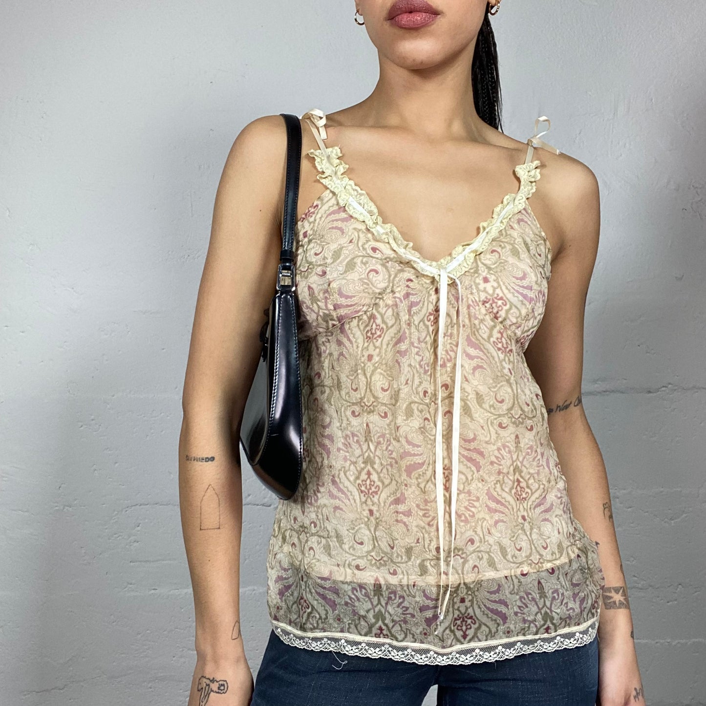 Vintage 2000's Boho Biege Blouse Top with Nature Print (S/M)