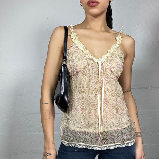 Vintage 2000's Boho Biege Blouse Top with Nature Print (S/M)
