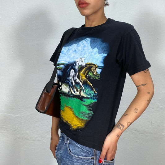 Vintage 90's Kid Core Black Shirt with Horse Print (S/M)