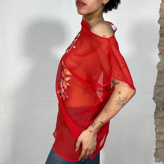 Vintage 2000's Summer Red Mesh Coverup with Flower Print (S/M/L)