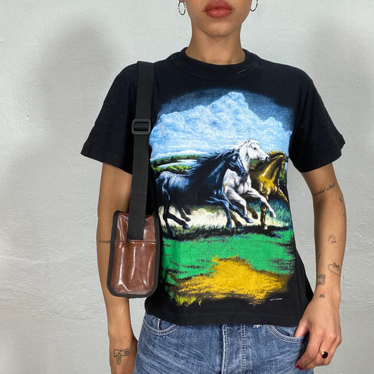 Vintage 90's Kid Core Black Shirt with Horse Print (S/M)