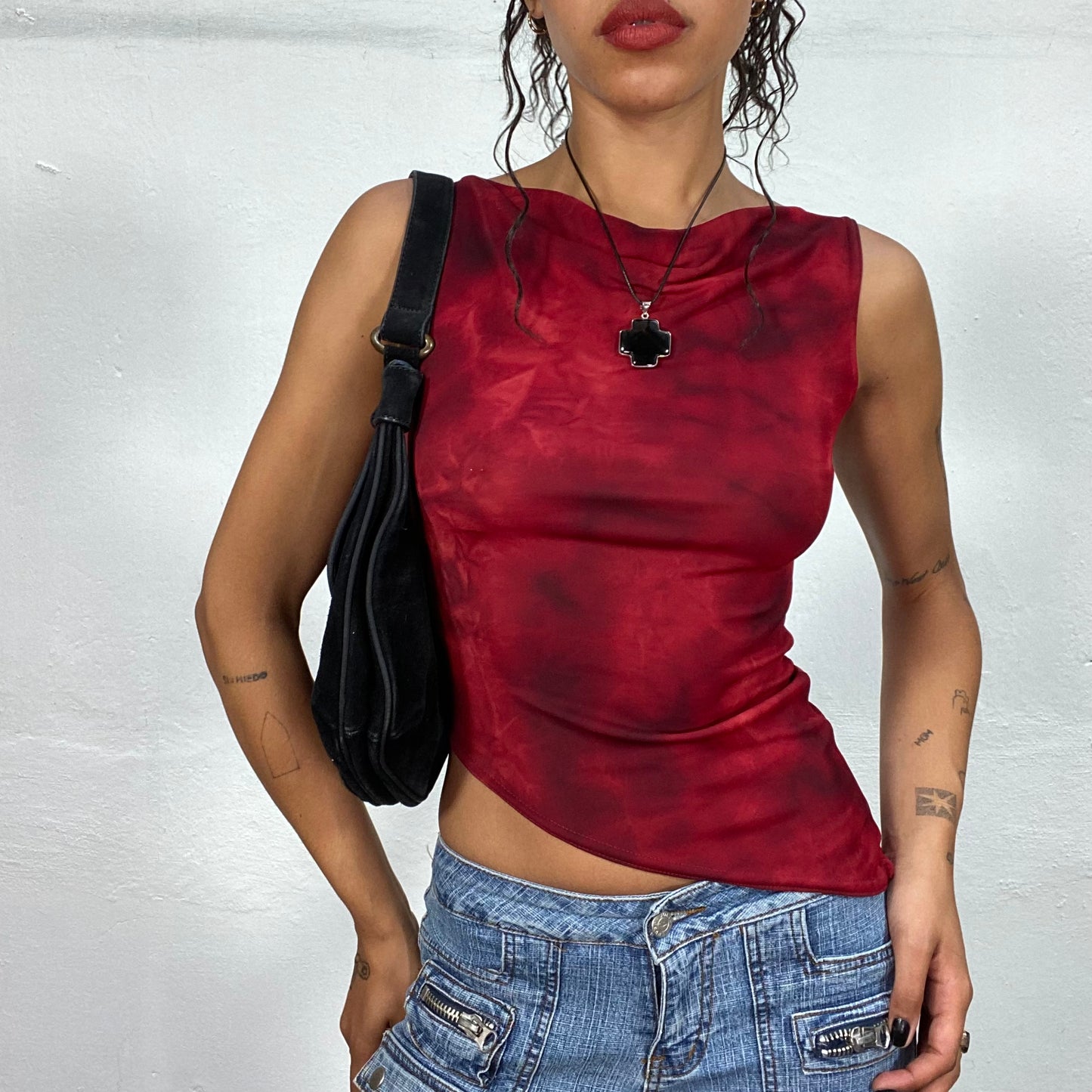 Vintage 90's Whimsigoth Red Asymmetric Top with Tie Dye Effect (S)