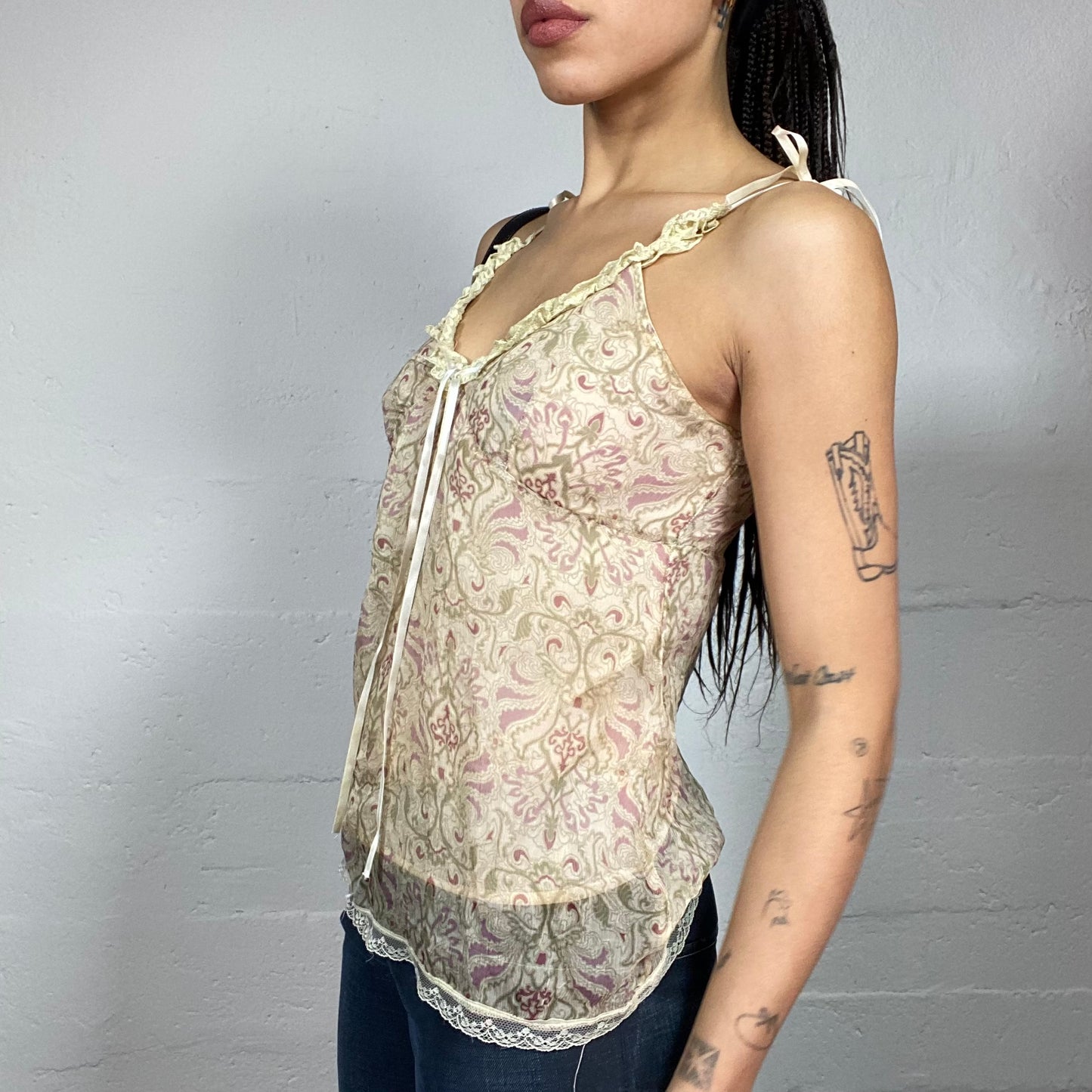 Vintage 2000's Boho Biege Blouse Top with Nature Print (S/M)