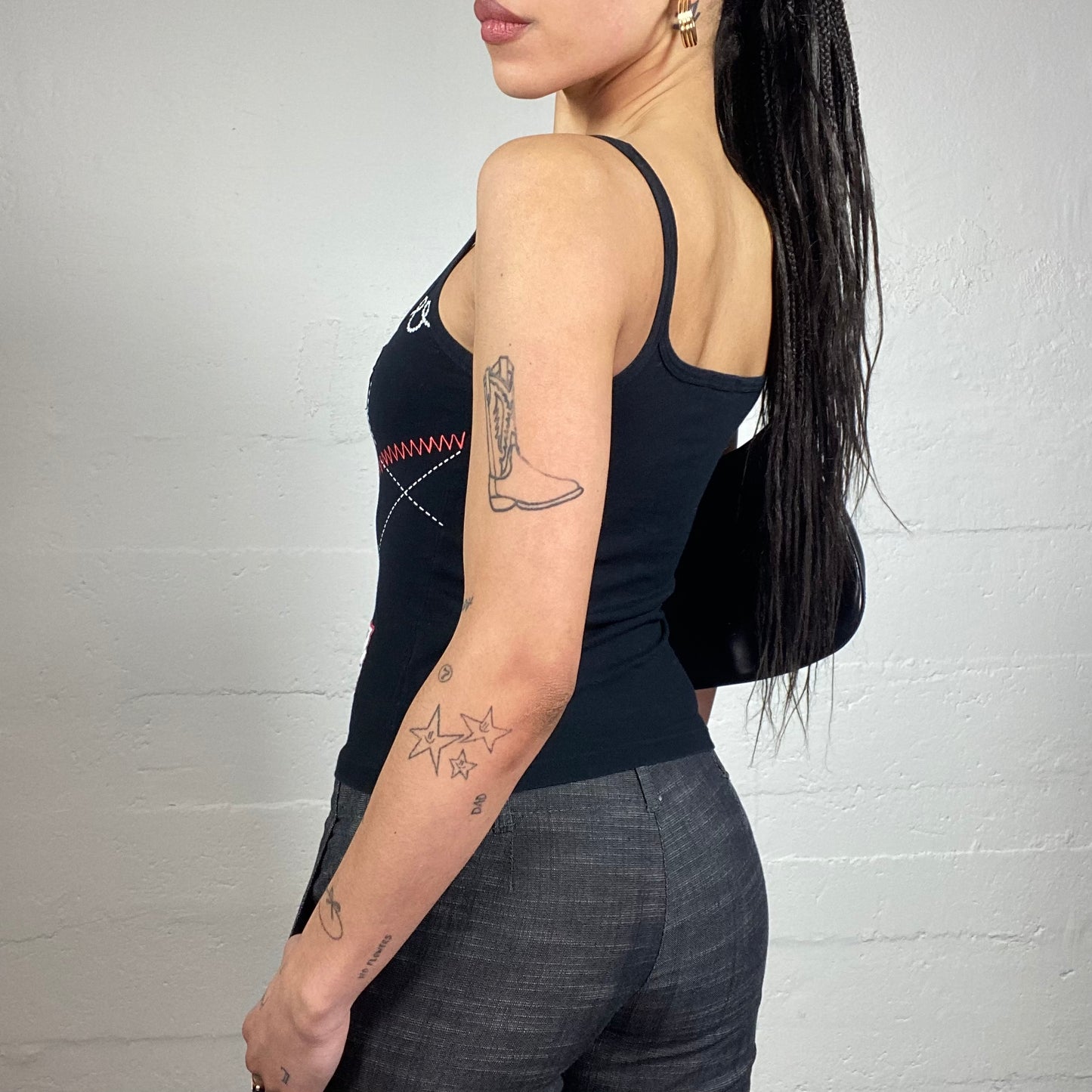 Vintage 2000's Downtown Girl Black Top with Patches Print "Glam" Detail (S)