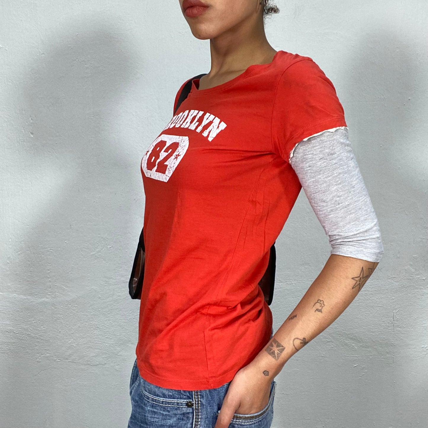 Vintage 90's Skater Red Shirt over Longsleeve Top with 'Brooklyn 82' Print (S/M)