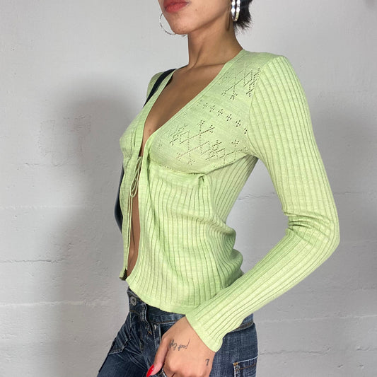 Vintage 2000's Fairy Green Light Knit Cardigan with Tie Lace (S)