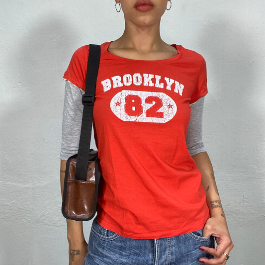 Vintage 90's Skater Red Shirt over Longsleeve Top with 'Brooklyn 82' Print (S/M)