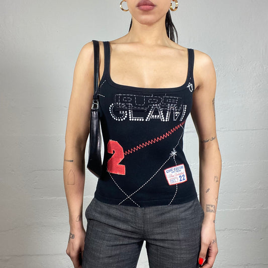 Vintage 2000's Downtown Girl Black Top with Patches Print "Glam" Detail (S)