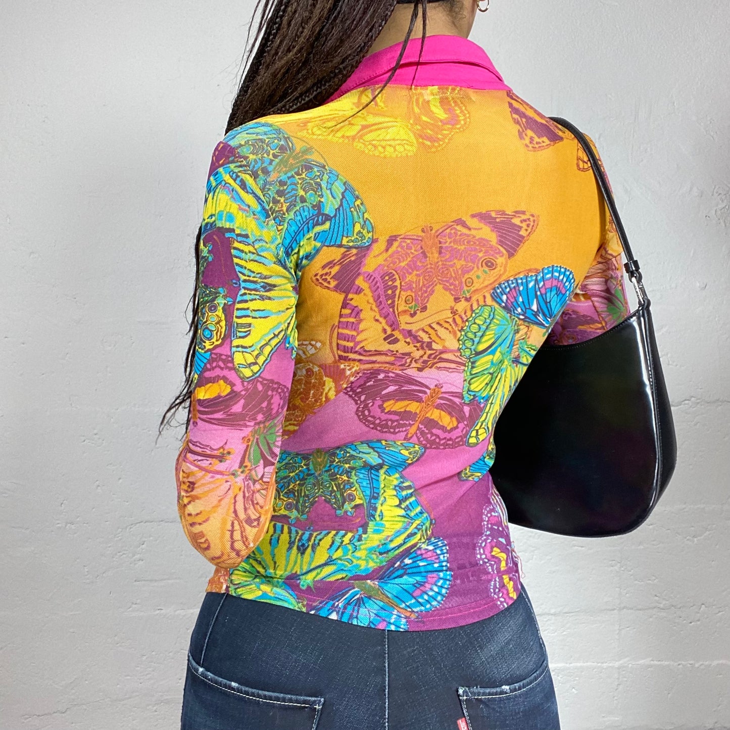 Vintage 90's Janice Fuchsia Longsleeve Shirt with Butterflies and Sunrise Patched Print (S)