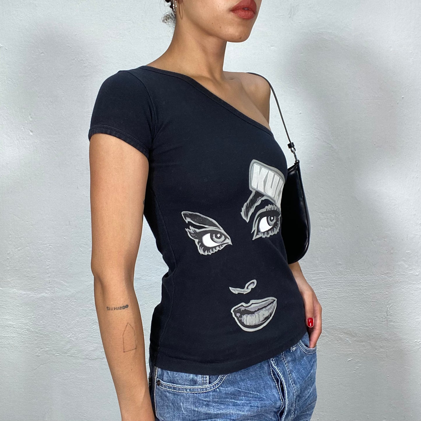 Vintage 90's Grunge Black One Shoulder Top with 'Kulte' and Face Print (S)