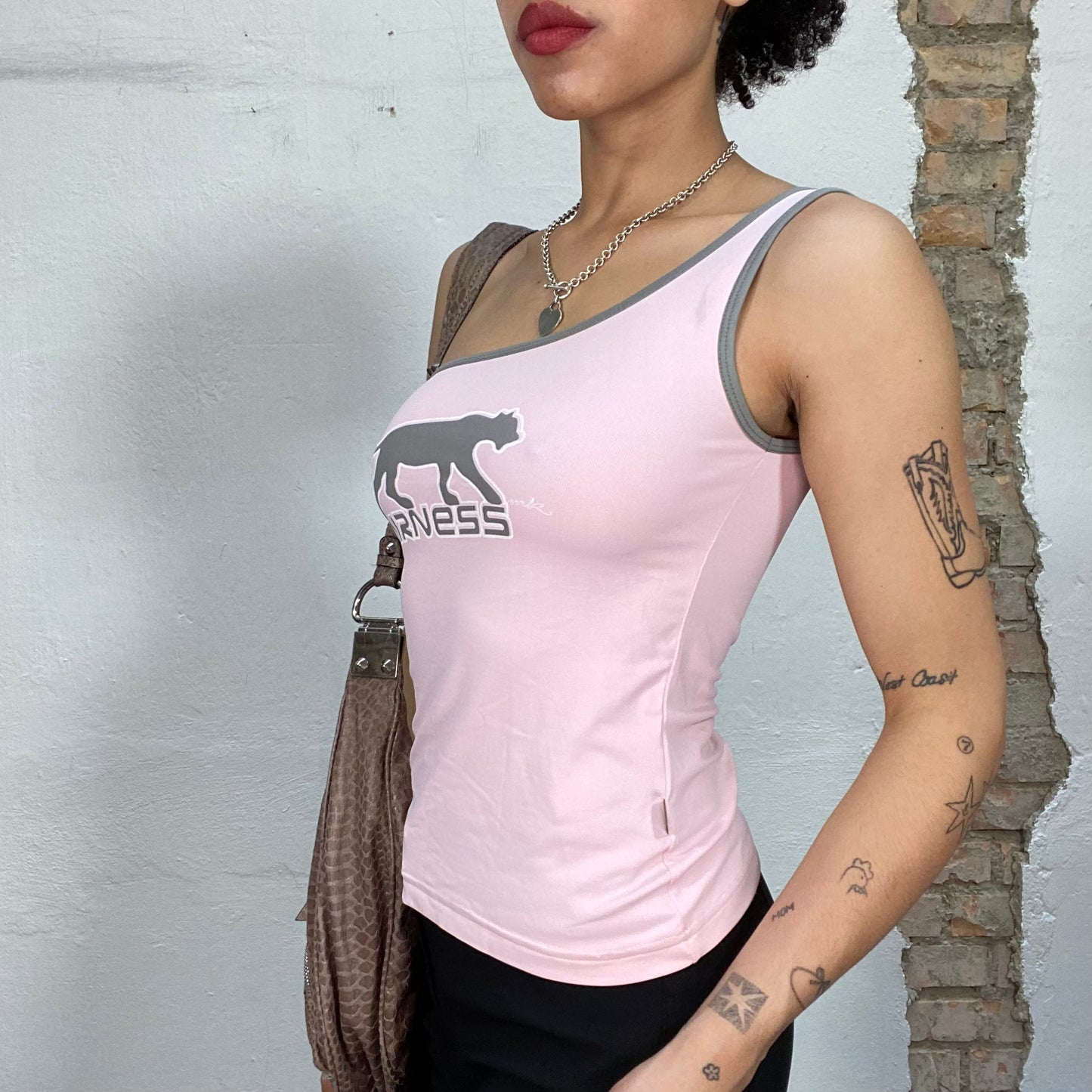 Vintage 2000's Sporty Pink One Shoulder Top with Grey Panter Print (S/M)