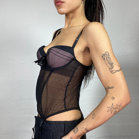 Vintage 2000's Romantic Black Bustier Top with Mesh Covering Material (S)