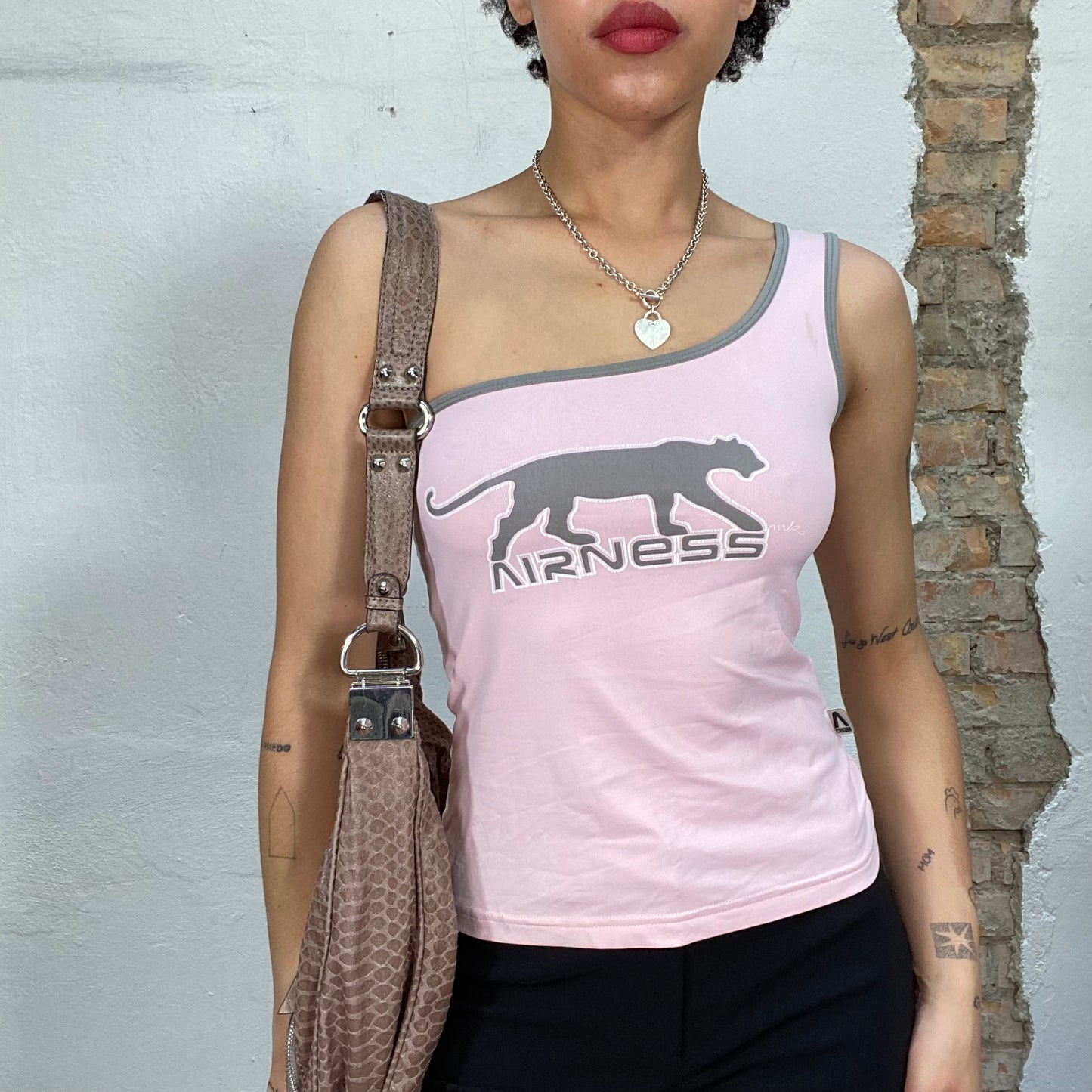 Vintage 2000's Sporty Pink One Shoulder Top with Grey Panter Print (S/M)