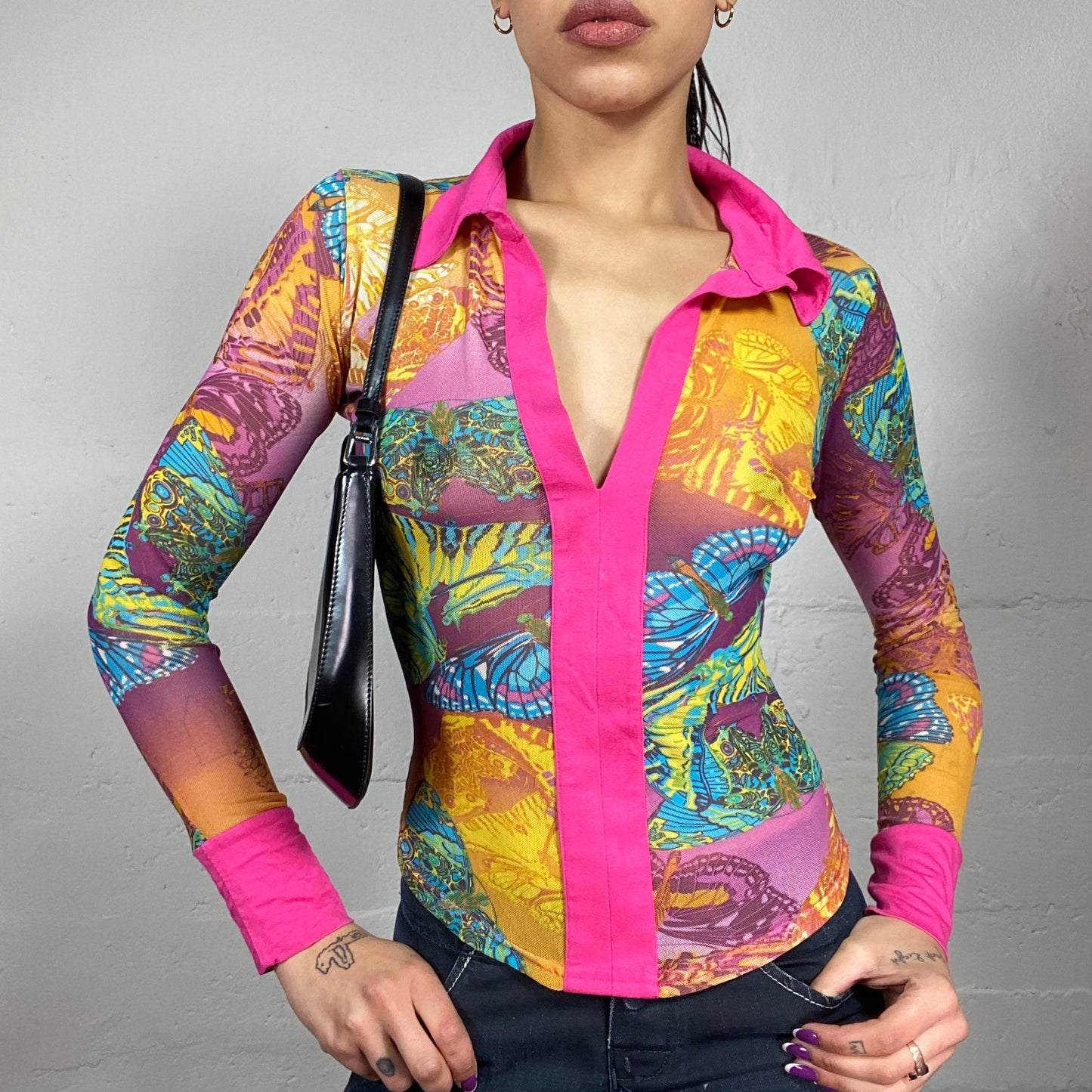 Vintage 90's Janice Fuchsia Longsleeve Shirt with Butterflies and Sunrise Patched Print (S)