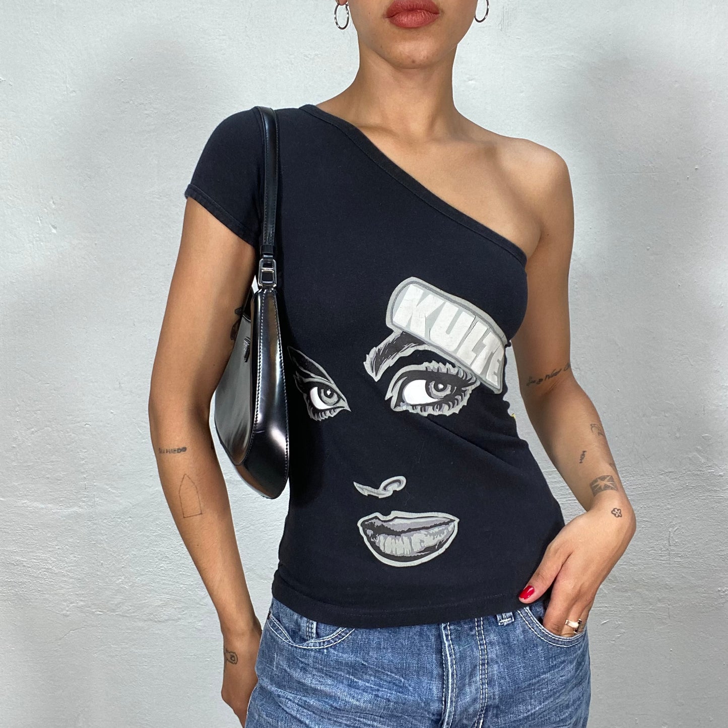 Vintage 90's Grunge Black One Shoulder Top with 'Kulte' and Face Print (S)