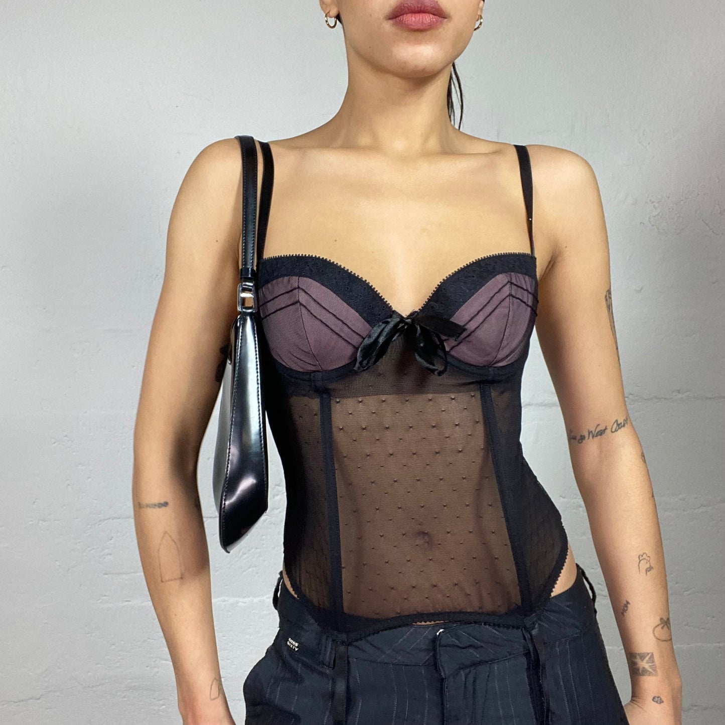 Vintage 2000's Romantic Black Bustier Top with Mesh Covering Material (S)