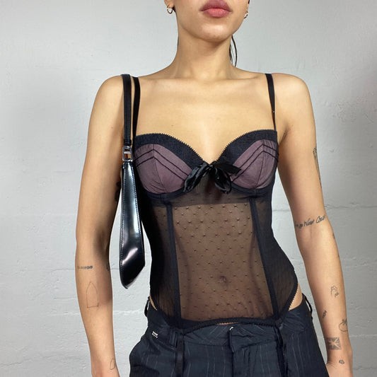 Vintage 2000's Romantic Black Bustier Top with Mesh Covering Material (S)