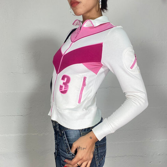 Vintage 2000's Sporty White Zip Up Jacket with Pink "3" and Print (S)