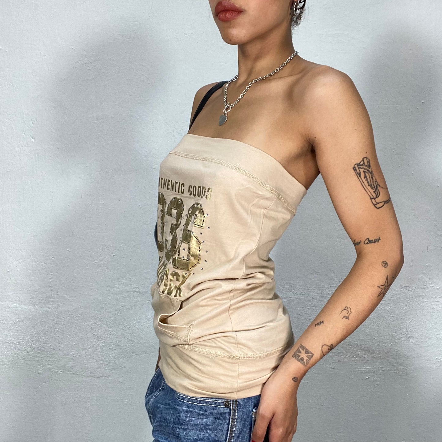 Vintage 2000's Funky Beige Tube Top with Kangaroo Pocket and Golden Print (S/M)