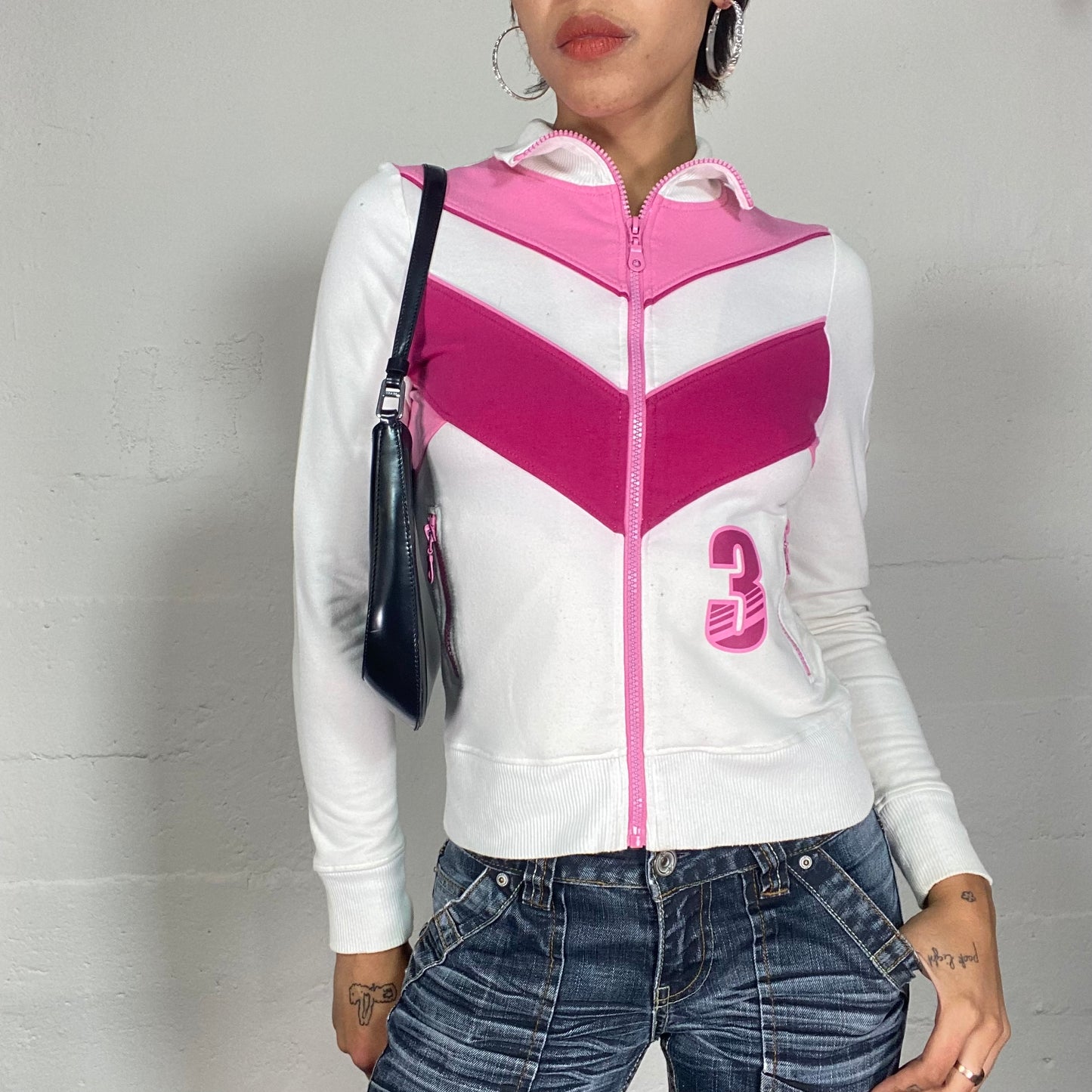 Vintage 2000's Sporty White Zip Up Jacket with Pink "3" and Print (S)