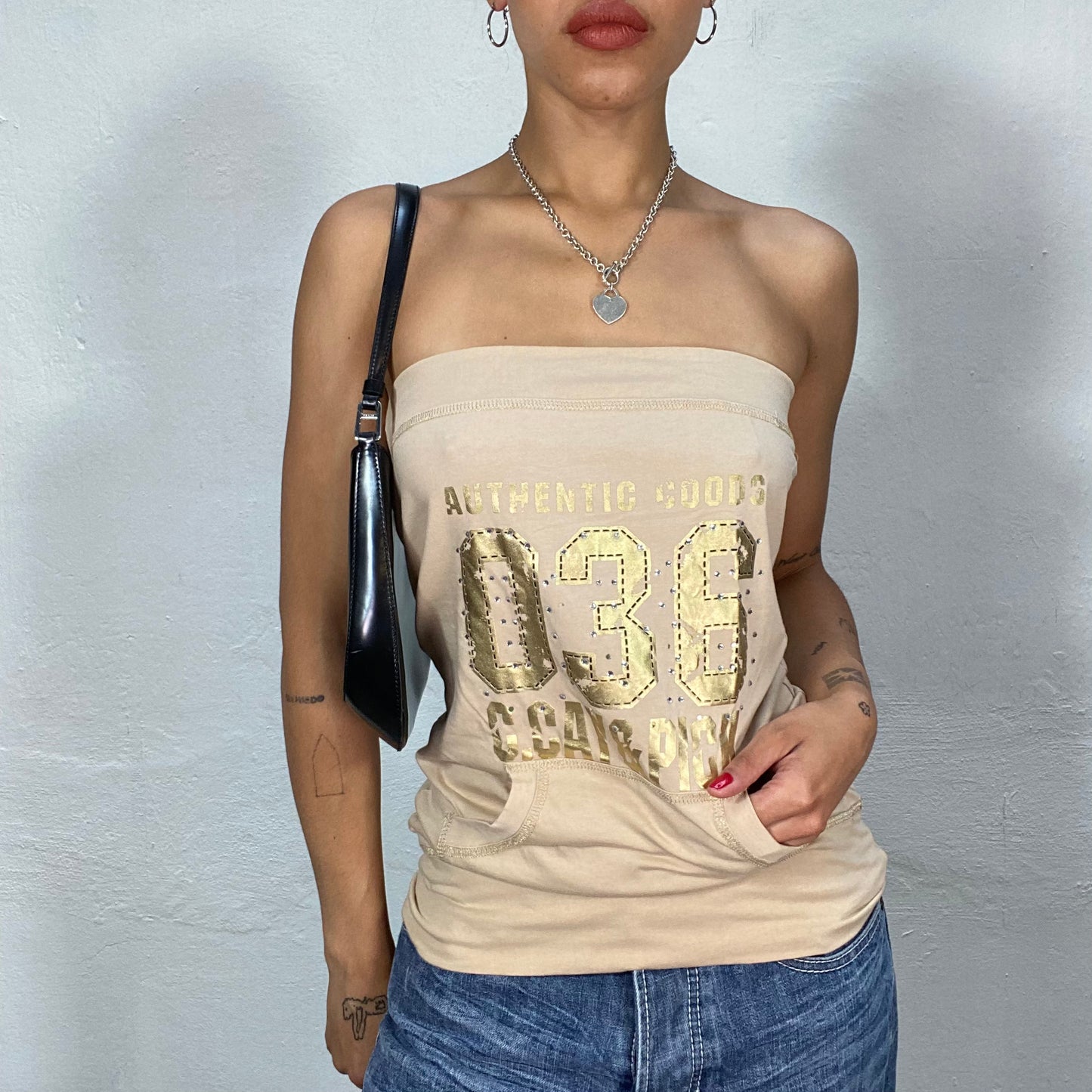 Vintage 2000's Funky Beige Tube Top with Kangaroo Pocket and Golden Print (S/M)