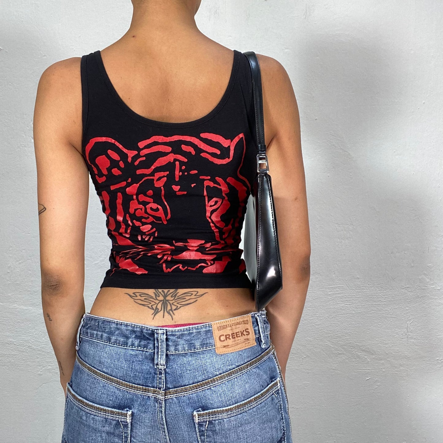 Vintage 90's Grunge Black Tank Top with Red Tiger Head Print (S)