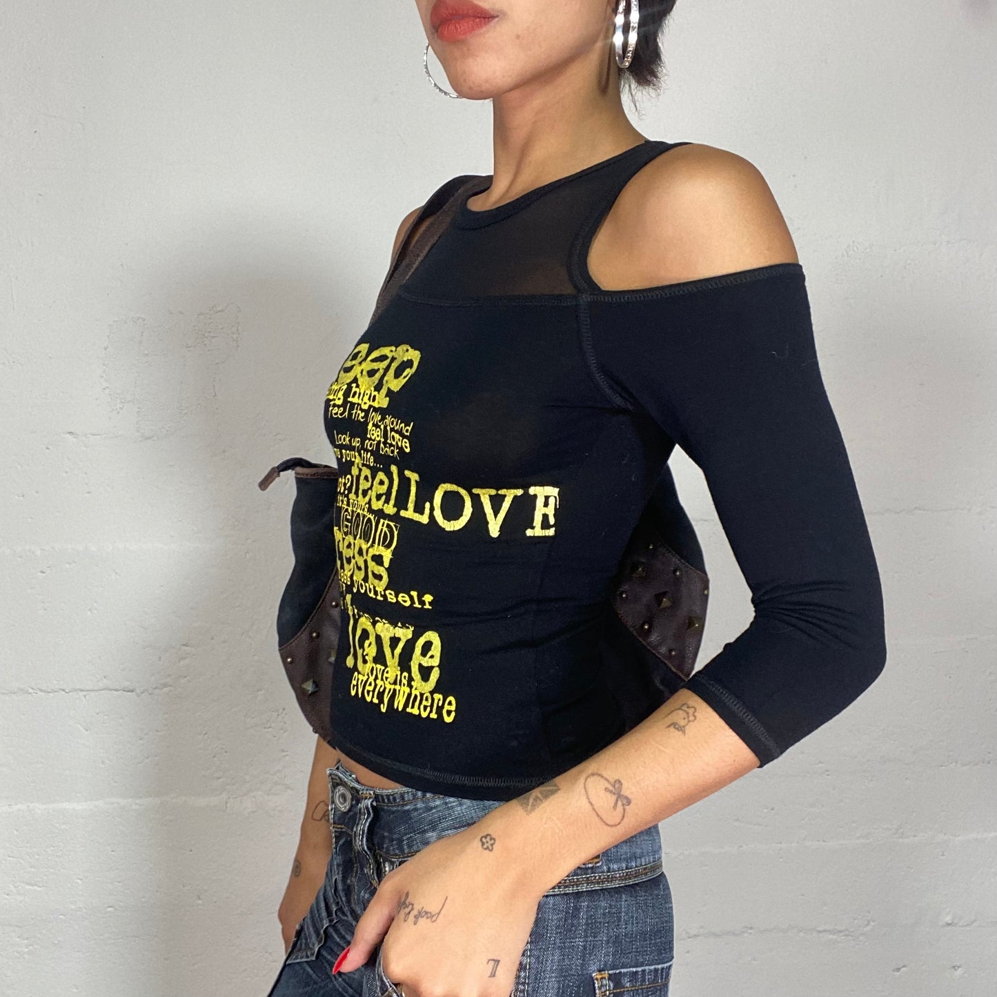 Vintage 2000's Sleaze Black Longsleeves Top and Yellow Typography Print (S)