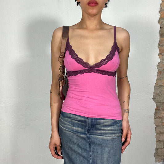 Vintage 2000's Barbie Pink Cami Top with Dark Red Lace (S)