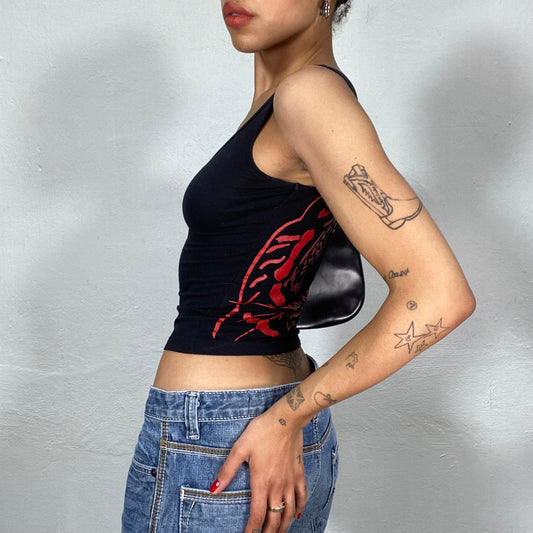 Vintage 90's Grunge Black Tank Top with Red Tiger Head Print (S)