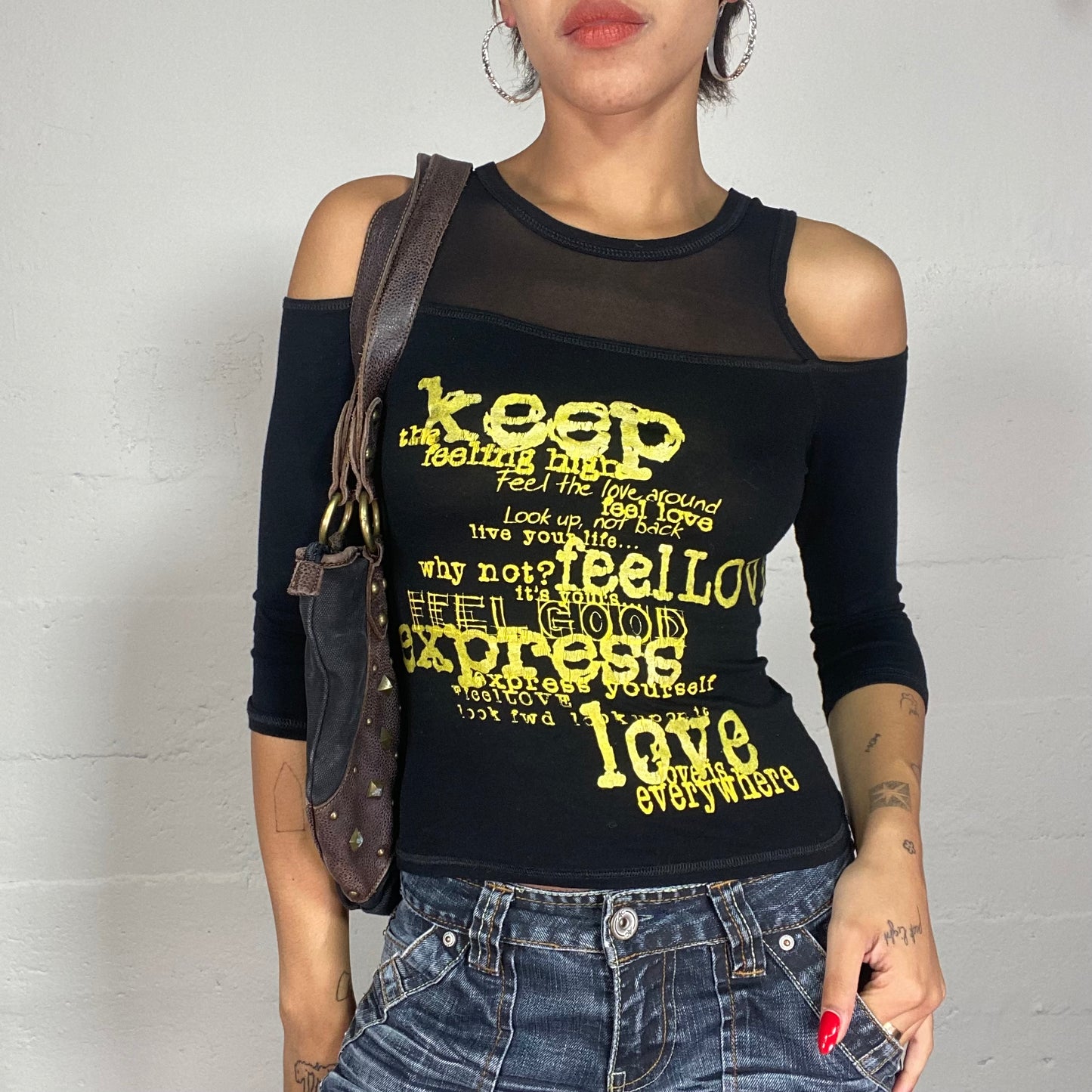 Vintage 2000's Sleaze Black Longsleeves Top and Yellow Typography Print (S)