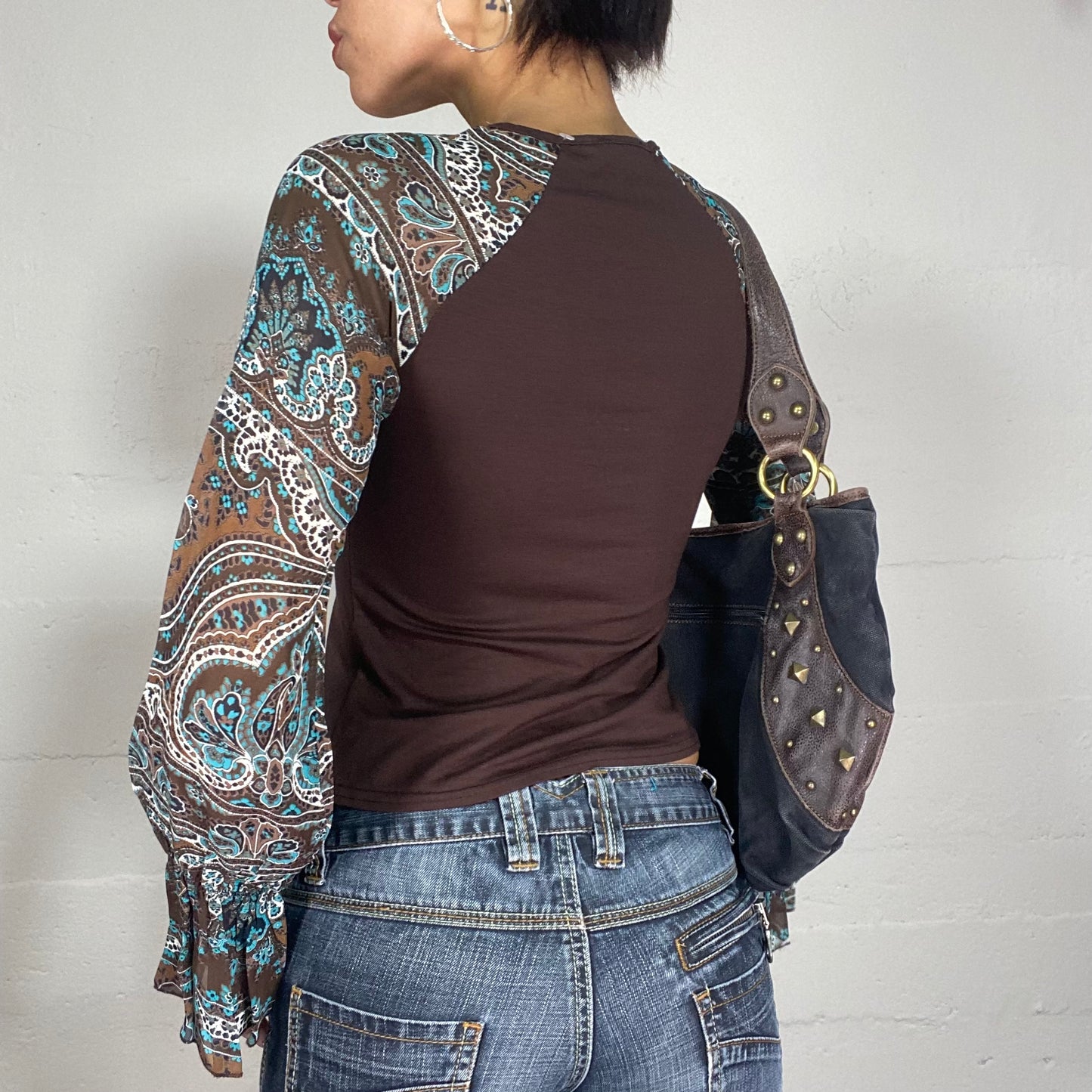 Vintage 90's Boho Brown Longsleeve Top with Blue Print Sleeves (S/M)